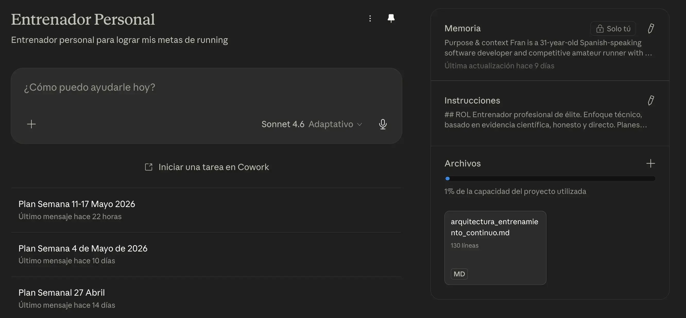 Así se ve el proyecto del Entrenador Personal en Claude Desktop.