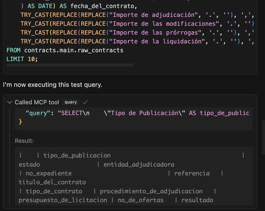 Interacción con el chat de Cursor usando el servidor MCP de DuckDB