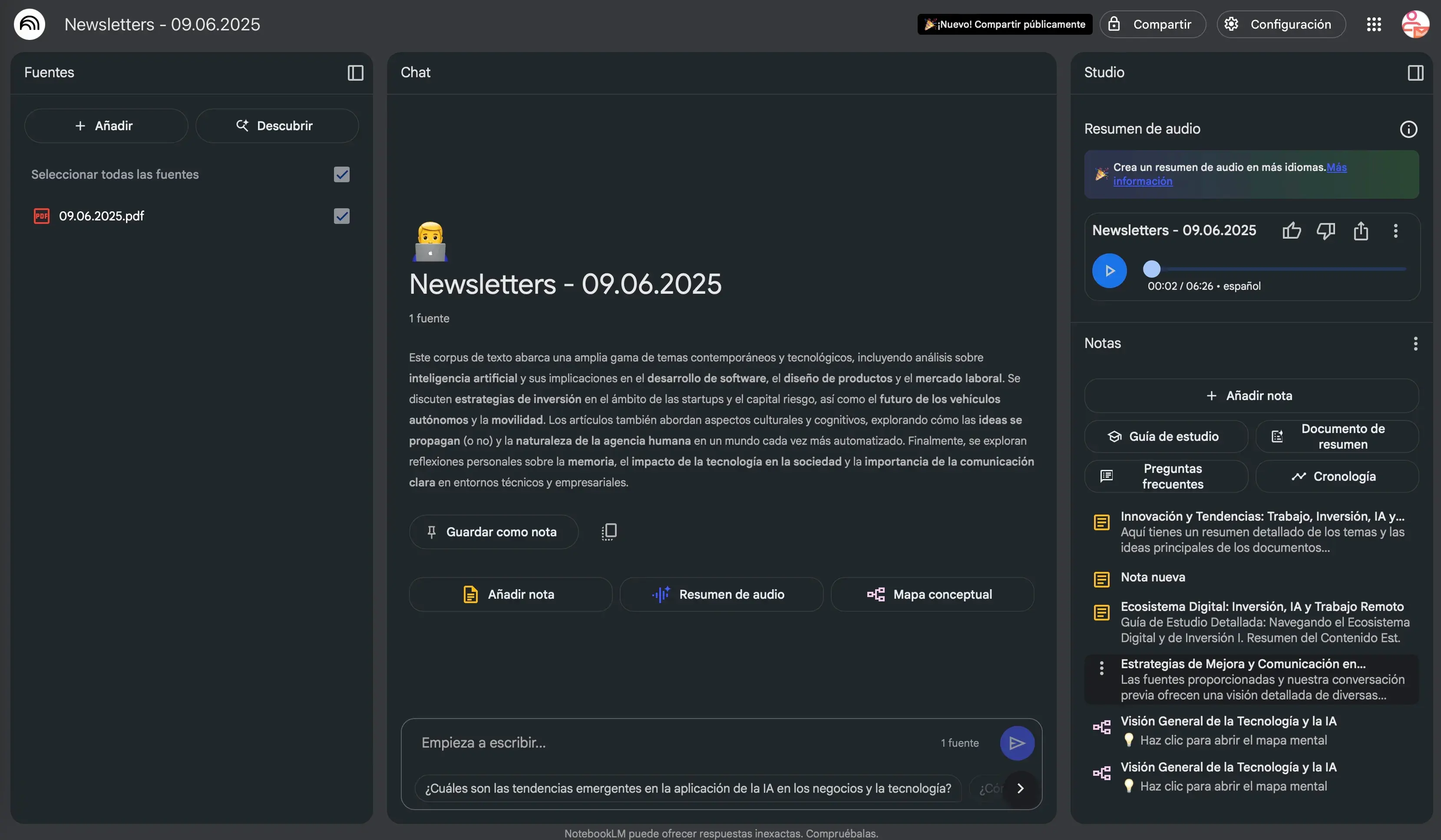 Podcast y resumen generado con NotebookLM