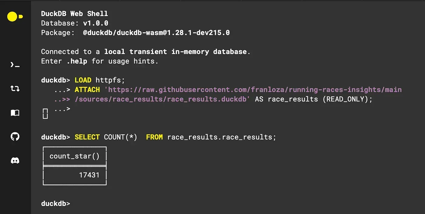 Gracias a DuckDB Wasm y DuckDB Web Shell, es posible consultar bases de datos almacenadas en cualquier lugar de internet. Agradecimientos a David por mostrarme esta herramienta.