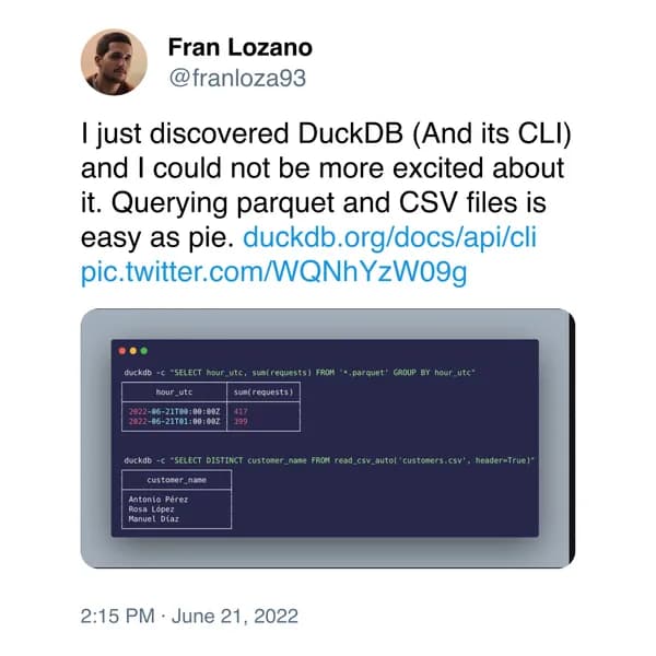 Imagen del tweet que publiqué ilustrándo la facilidad de uso de la CLI de DuckDB